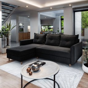 Masseno Narożnik PISAN z funkcją spania i pojemnikiem na pościel Narozniki L, Rozkładana sofa - Czarny, KRONOS 07