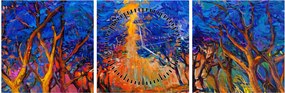 Obraz - Jesienne korony drzew, nowoczesny impresjonizm (z zegarem) (90x30 cm)