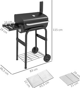 Outsunny Grill węglowy z palnikiem BBQ Grill, 1 półka, z termometrem, 83 x 46,5 x 115 cm, Czarny
