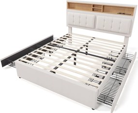 Łóżko dla dorosłych 160x200 cm - z zagłówkiem i schowkiem, 4 szuflady, USB/Typ-C, stelaż - lniane - beżowe - materac w cenie