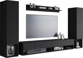 Nowoczesna meblościanka – zestaw wiszący do salonu 2 słupki + szafka RTV 180 cm + półka, czarny mat