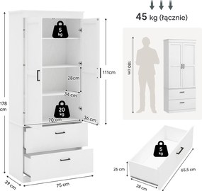 HOMCOM Samodzielnie stojąca szafka kuchenna z regulowanymi półkami i dwoma szerokimi szufladami do salonu, kuchni, Biała