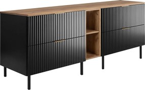 Szafka pod umywalkę, czarny/dąb Craft + złoty uchwyt, 180 (2 x 80 + 20) x 77 x 46 cm + blat, czarne nogi