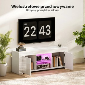 HOMCOM Stolik RTV z LED biała szafka pod telewizor do salonu z półką szklaną i otworami na kable | Aosom PL