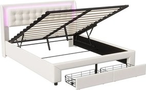 Łóżko podwójne 140x190 cm beżowe z hydraulicznym schowkiem, tapicerowane zagłówkiem z aksamitnej tkaniny w kolorze ecru i personalizowanym paskiem LED RGB