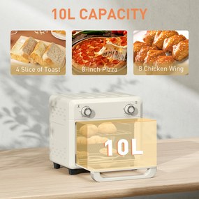 HOMCOM 10L Piekarnik Hot-Air do grilla, pieczenia i smażenia, Timer, Ekran dotykowy, 1000W, Nadaje się do zmywarki, Kremowobiały