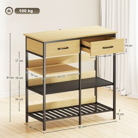 HOMCOM Komoda, komoda z 2 szufladami i 3 otwartymi półkami, szafka kuchenna do kuchni, salonu 90 x 40 x 91 cm, drewno naturalne