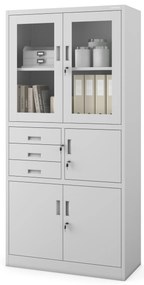 Szafa biurowa metalowa z sejfem, szklane drzwi, szara, 900x1850x400 mm: FILIP