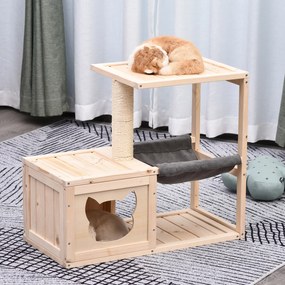 PawHut wielofunkcyjny domek dla kota z drapakiem hamakiem i słupkiem sizalowym drewno jodłowe naturalne | Aosom PL