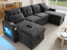 Kanapa narożna 4-osobowa - z miejscem do przechowywania - z uchwytem na kubek - z portem USB - z oświetleniem LED - szary
