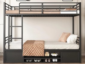 Żelazne łóżko piętrowe 90x200cm - z półką na buty i drabinką - Czarne