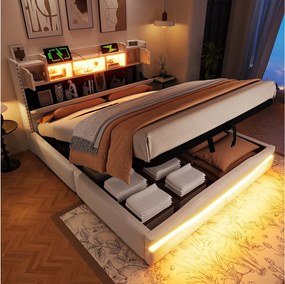 Łóżko tapicerowane z pojemnikiem - 160 x 200 cm - z USB-C + diodami LED - zagłówek ze schowkiem - len + płyta MDF - beż
