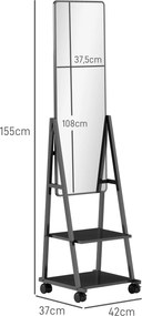 HOMCOM Mobilne Lustro Pełnej Długości z 2 Półkami i 4 Kołami, do Sypialni, Salonu, Przedpokoju, Czarny