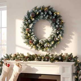 HOMCOM Wieniec świąteczny 60 cm oświetlony, wieniec drzwiowy z 50 LED, szyszki, sztuczny śnieg na Boże Narodzenie i adwent, drzwi wejściowe | Aosom PL