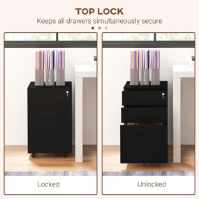 Vinsetto Kontener na dokumenty, 3 szuflady, zamykany, na kółkach, 37 cm x 43,5 cm x 60 cm, Czarny | Aosom PL