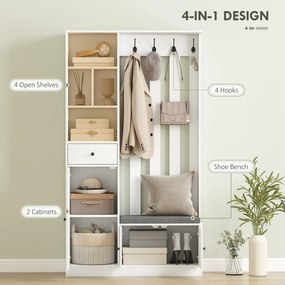 HOMCOM Szafa garderobiana 180 cm z wieszakiem, ławką na buty, 4 haczykami, otwartymi półkami, MDF, Biały