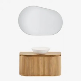 Zestaw Wiszących Mebli Łazienkowych 90x40 Cm Z Drewna Mango Analis Drewno Mango & Cement Okrągły Biały Ø40 Cm Zavion & Owalna Lampa Led I Przeciwmgiel