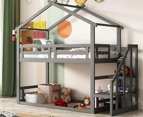 Łóżko piętrowe Cabin z miejscem do przechowywania - 90 x 200 cm - sosna - barierki i schody - szare