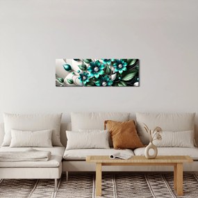 Obraz - 3D turkusowe kwiaty (z zegarem) (90x30 cm)