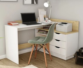 Biurko narożne z kontenerkiem Filo 2, kolor biały mat/dąb artisan, 129 cm