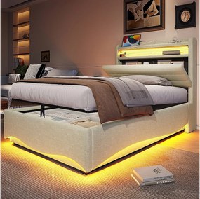Łóżko hydrauliczne dla dzieci z pojemnikiem - 90 x 200 cm - z diodami LED + USB + zagłówek ze schowkiem - len - beż