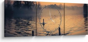 Obraz łabędzi na wodzie we mgle (z zegarem) (90x30 cm)