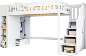 Łóżko piętrowe 90 x 200 cm z szafą, półkami i szufladami - Sosna + MDF - Białe (bez materaca)