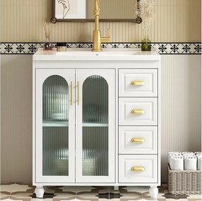 Szafka łazienkowa z pojedynczą umywalką - 80 x 47 x 90 cm - umywalka ceramiczna + 3 szuflady + 2 drzwi - MDF - biała