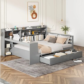 Łóżko dla dorosłych 140x200 cm - z 2 szufladami, półkami i gniazdem USB - drewno - szare