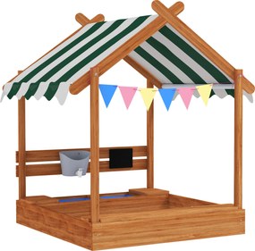 Outsunny Piaskownica z Ochroną Przeciwsłoneczną, Design Domku Zabaw, z Zestawem Zabawkowym, Obrabiane Drewno, 124 x 116 x 146 cm, Pomarańczowa