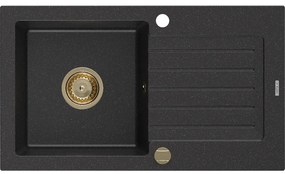 Mexen Pablo zlewozmywak granitowy 1-komorowy z ociekaczem 752 x 436 mm, czarny/srebrny metalik, syfon złoty - 6510751010-73-G