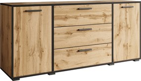 Nowoczesna komoda 150 cm do salonu – 3 szuflady i 2 szafki, kolor wotan z krawędzią czarny grafit