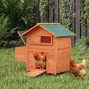 PawHut Drewniany Kurnik z Gniazdem, 2 Grzędami, Rampą, Okienkiem i Wodoodpornym Dachem 113,5x67,5x95,5 cm, Pomarańczowy | Aosom PL