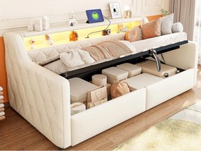 Kanapa z pojemnikiem 90 × 200 cm - z taśmą LED - z interfejsem USB + Type-C - tkanina lniana - beżowa (materac nie w zestawie)