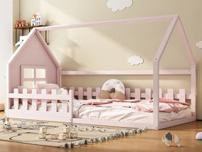Łóżko kabinowe 90 x 200 cm, łóżko dziecięce z oknem, Drewno sosnowe, Stelaż listwowy, Różowe