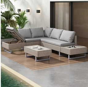 Zestaw mebli ogrodowych z wikliny żywicy 5-osobowy: 1 sofa narożna + 1 prostokątny stolik kawowy - Khaki