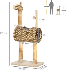 PawHut Drapak 101 cm wieża dla kota w kształcie żyrafy, z jaskinią, piłeczką, słupkami z juty dla średnich kotów do 5 kg | Aosom PL