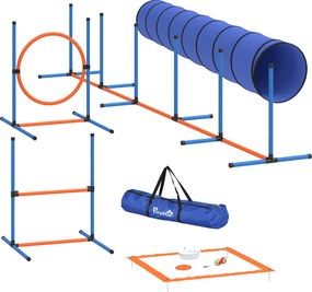 PawHut Zestaw treningowy Agility dla psów, 8-częściowy zestaw z tunelem, tyczkami slalomu, regulowanymi przeszkodami, obręczą do skoków, miską | Aosom PL