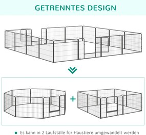 PawHut kojec dla psa, płot dla szczeniąt, dla psa na zewnątrz, krata z 2 drzwiami stalowo-szarymi, 16 segmentów 60 cm wysokości