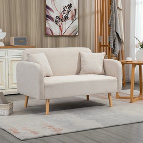 HOMCOM 2-osobowa Sofa, Design Nowoczesny, w zestawie 2 poduszki, nogi drewniane, 130 x 70 x 80 cm, Kremowy