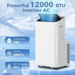 HOMCOM Przenośny klimatyzator 12 000 BTU z technologią inwerterową, 6 w 1 klimatyzacja z automatyczną oscylacją 60°, timerem 24-godzinnym i pilotem | Aosom PL