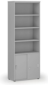 Szafa biurowa kombinowana PRIMO GRAY, drzwi przesuwne na 2 poziomach, 800 x 420 x 2128 mm, szary