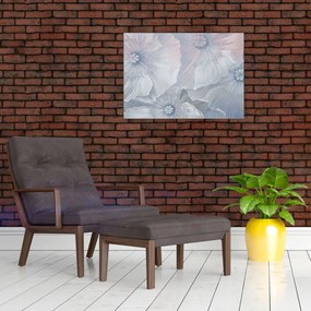 Obraz na szkle - Niebieskie kwiaty na ścianie (70x50 cm)