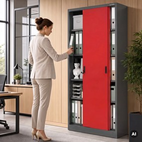 Szafa metalowa biurowa z drzwiami przesuwnymi antracytowo-czerwona, 900x1850x400 mm: KUBA