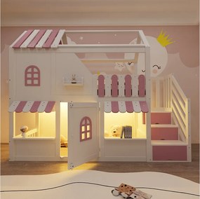 Łóżko piętrowe dla dzieci - 90 x 200 cm - domek z okienkami + drabinka + diody LED + półki - drewno - biały + różowy