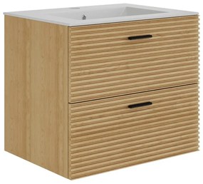 Szafka łazienkowa wisząca  prążkowana z umywalką nablatową - 2 szuflady - Jasne drewno naturalne - 60 cm - SARONE