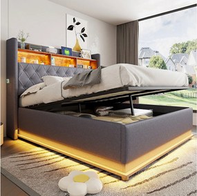 Łóżko z pojemnikiem 160 x 200 cm i zagłówkiem ze schowkiem - ładowanie USB i diody LED - tkanina lniana - szary