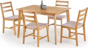 Zestaw mebli stołowych Saul – elegancki stół w kolorze jasnego dębu + 4 ergonomiczne krzesła tapicerowane w odcieniu beżowym