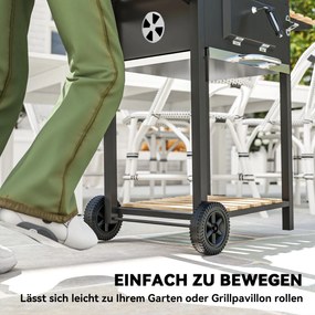 Outsunny Grill węglowy z regulowaną paletą węglową, wózek grillowy, półki, termometr, otwieracz do butelek, stal, drewno, czarny