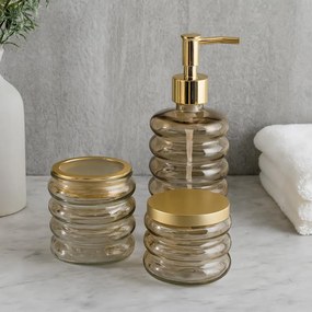 Zestaw łazienkowy HUM, szklany dozownik, kubek, pojemnik, 3 elementy